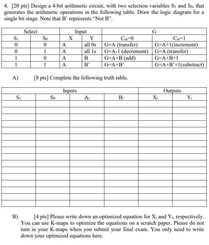 4 20 Pts Design A 4 Bit Arithmetic Circuit With Two Selection Variables Si And So That Generates The Arithmetic Ope 1