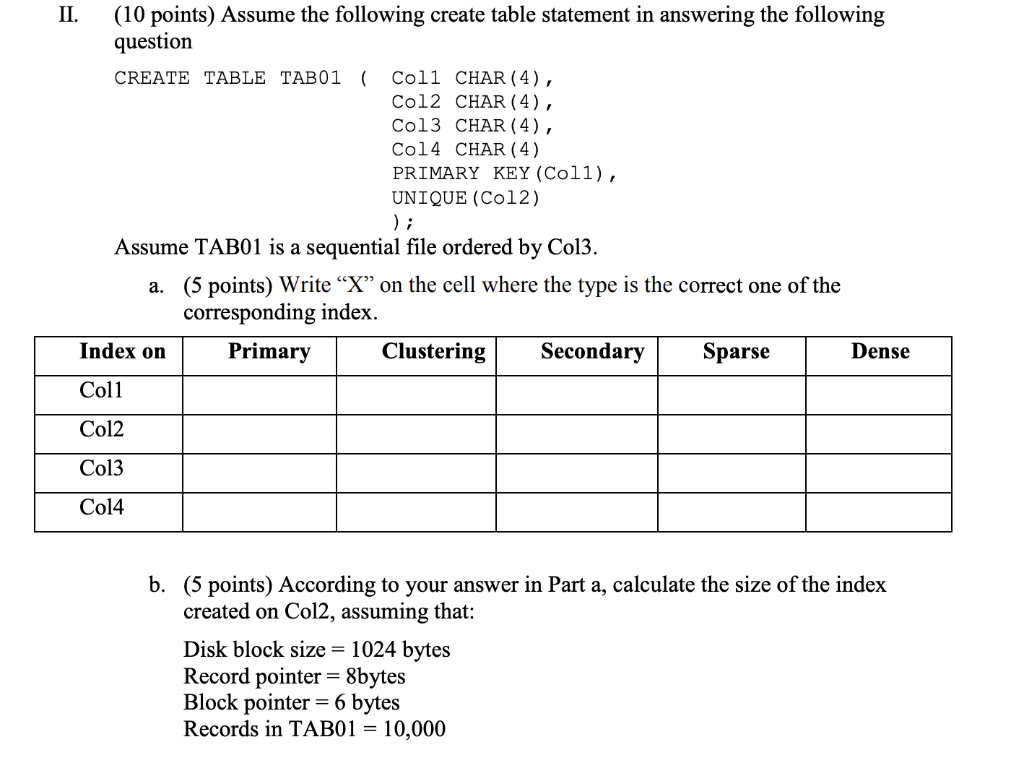 Ii 10 Points Assume The Following Create Table Statement In Answering The Following Question Create Table Tab01 Col 1