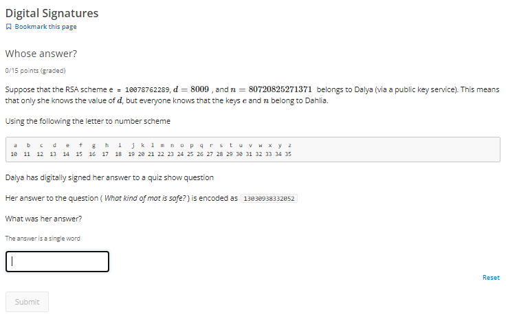 Digital Signatures N Bookmark This Page Whose Answer 0 15 Points Graded Suppose That The Rsa Scheme E 10978762289 1