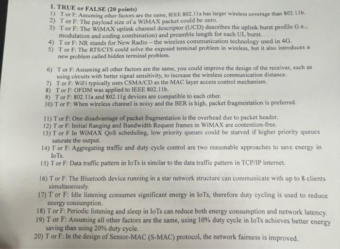 1 True Or False 20 Points Tor F Assuming Other Factors Are The Same Ieee 802 11a Has Larger Wireless Coverage Than 1