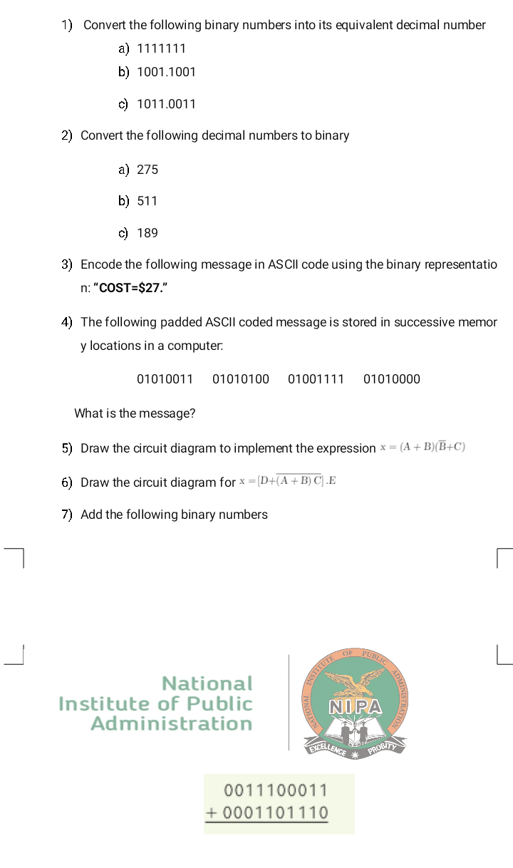 1 Convert The Following Binary Numbers Into Its Equivalent Decimal Number A 1111111 B 1001 1001 C 1011 0011 2 Conve 1