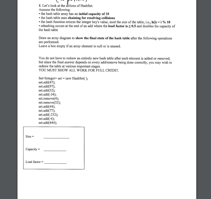 8 Let S Look At The Actions Of Hashset Assume The Following The Hash Table Array Has An Initial Capacity Of 10 The 1