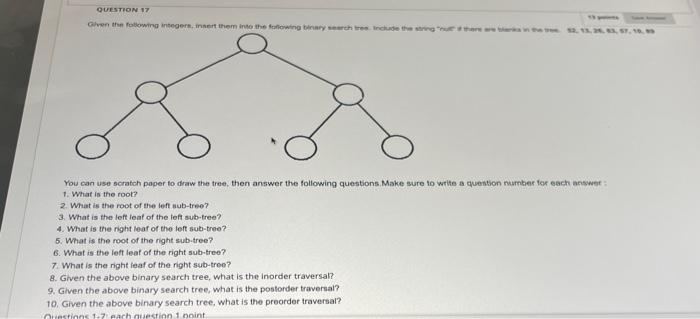 Question 17 Given The Following Integer Inert Them Into The Following In The Include The Go 08 You Can Use Scratch 1