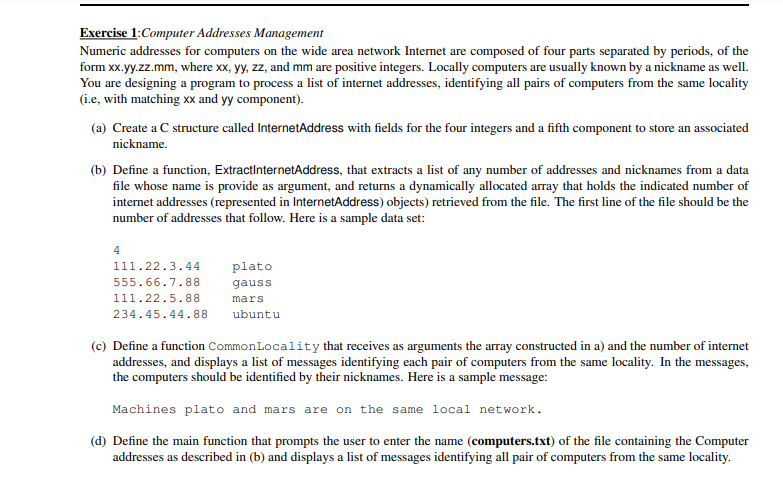 Exercise 1 Computer Addresses Management Numeric Addresses For Computers On The Wide Area Network Internet Are Composed 1