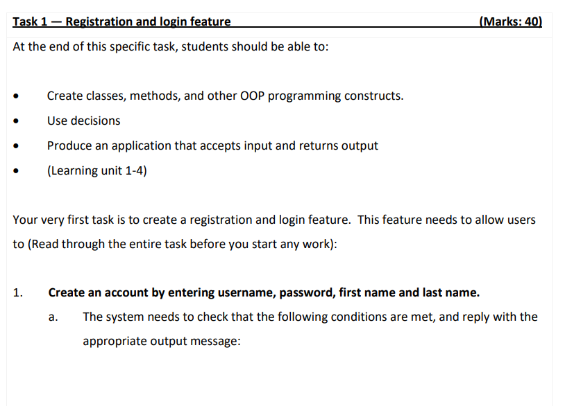 Marks 40 Task 1 Registration And Login Feature At The End Of This Specific Task Students Should Be Able To Create 1