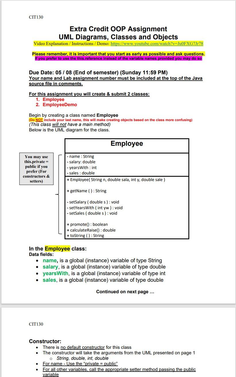 Cit130 Extra Credit Oop Assignment Uml Diagrams Classes And Objects Video Explanation Instructions Demo Https Ww 1
