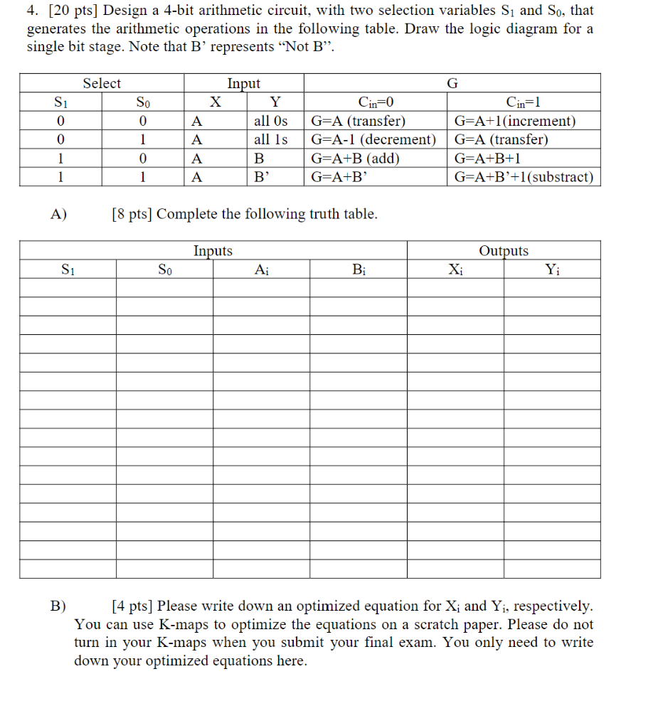 4 20 Pts Design A 4 Bit Arithmetic Circuit With Two Selection Variables S And So That Generates The Arithmetic Ope 1