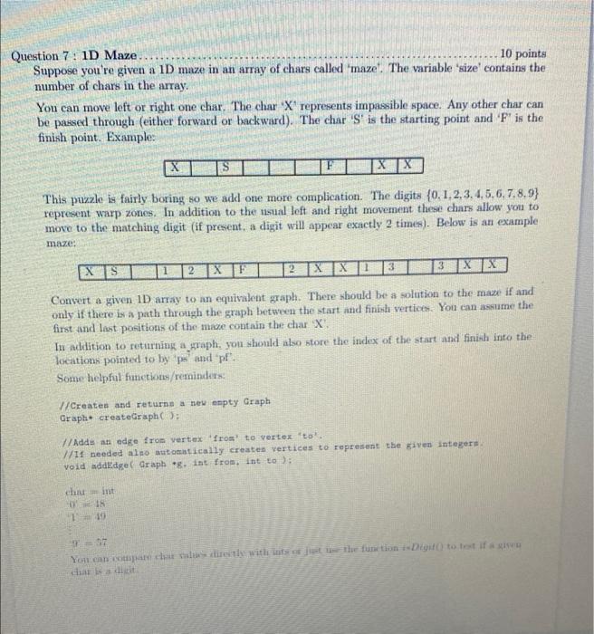 Question 7 1d Maze 10 Points Suppose You Re Given A 1d Maze In An Array Of Chars Called Maze The Variable Size Conta 1