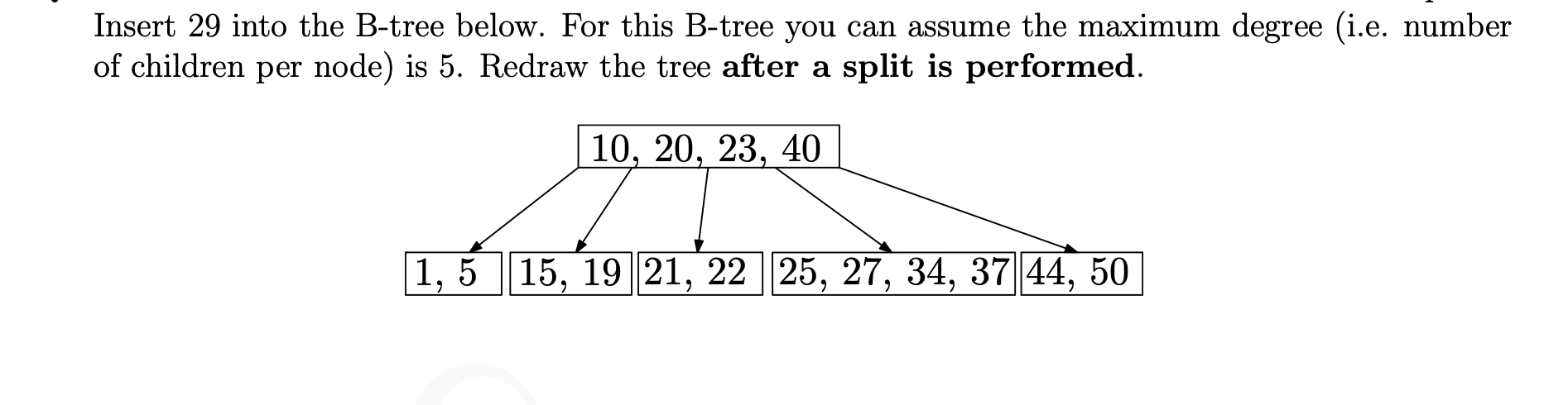 Insert 29 Into The B Tree Below For This B Tree You Can Assume The Maximum Degree I E Number Of Children Per Node Is 1