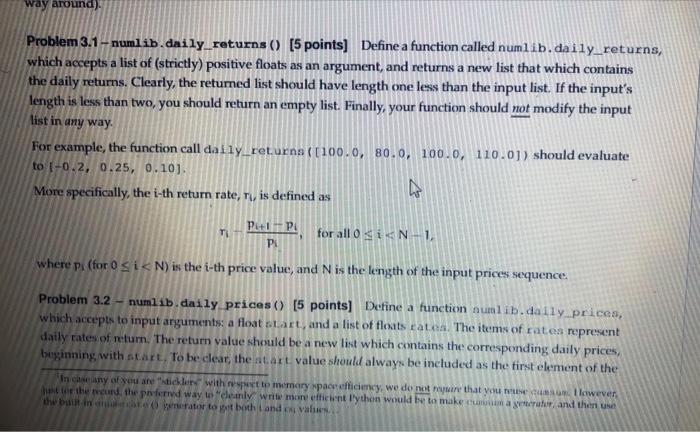 Way Around Problem 3 1 Numlib Daily Returns 5 Points Define A Function Called Numlib Daily Returns Which Accepts 1