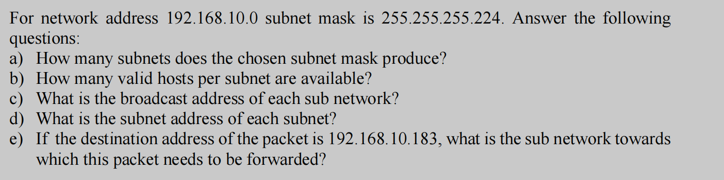 For Network Address 192 168 10 0 Subnet Mask Is 255 255 255 224 Answer The Following Questions A How Many Subnets Doe 1