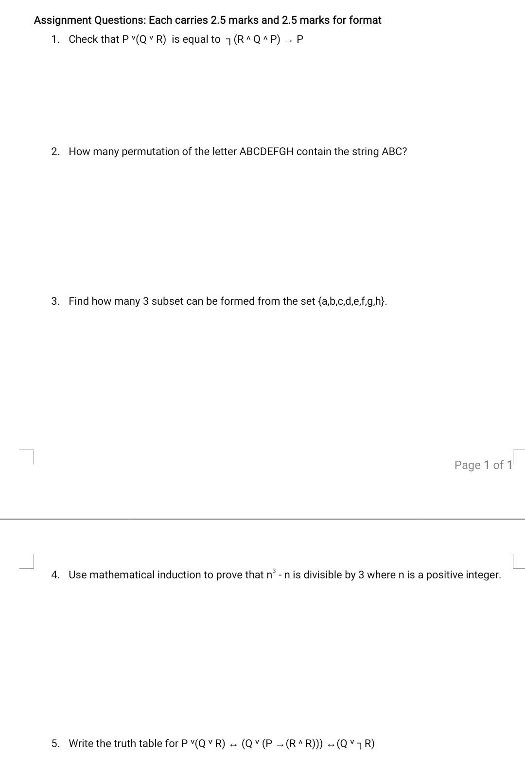 Assignment Questions Each Carries 2 5 Marks And 2 5 Marks For Format 1 Check That P Qr Is Equal To 7 R Q P P 2 1