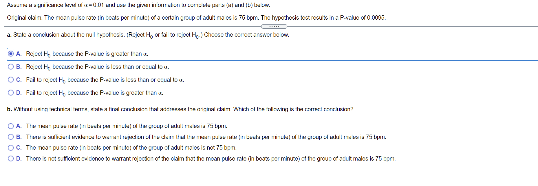 Assume A Significance Level Of A 0 01 And Use The Given Information To Complete Parts A And B Below Original Clai 1