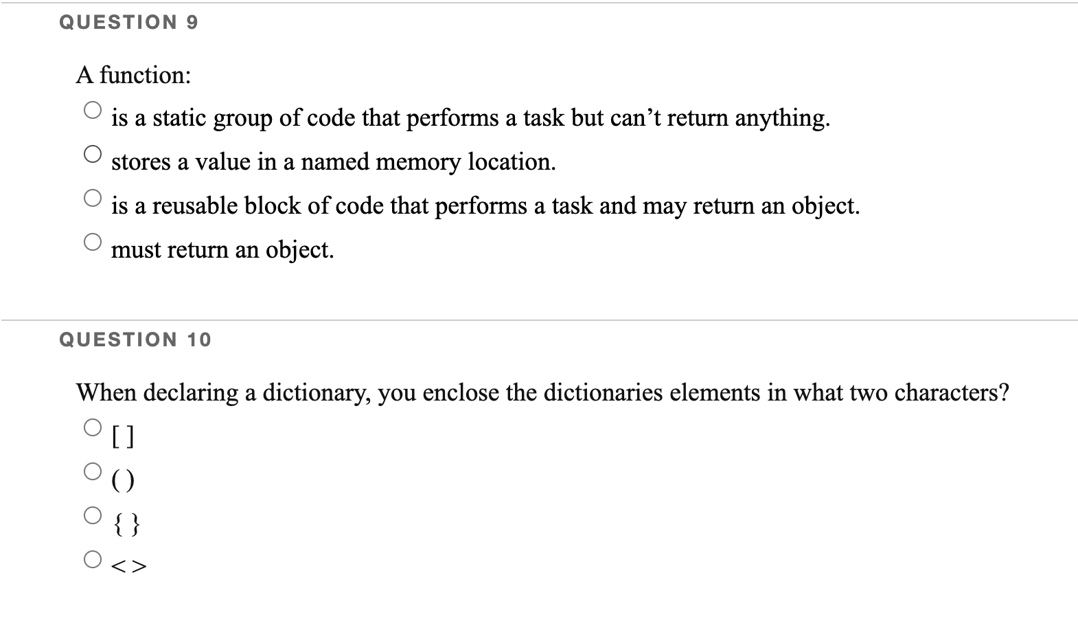 Question 9 A Function Is A Static Group Of Code That Performs A Task But Can T Return Anything Stores A Value In A Nam 1