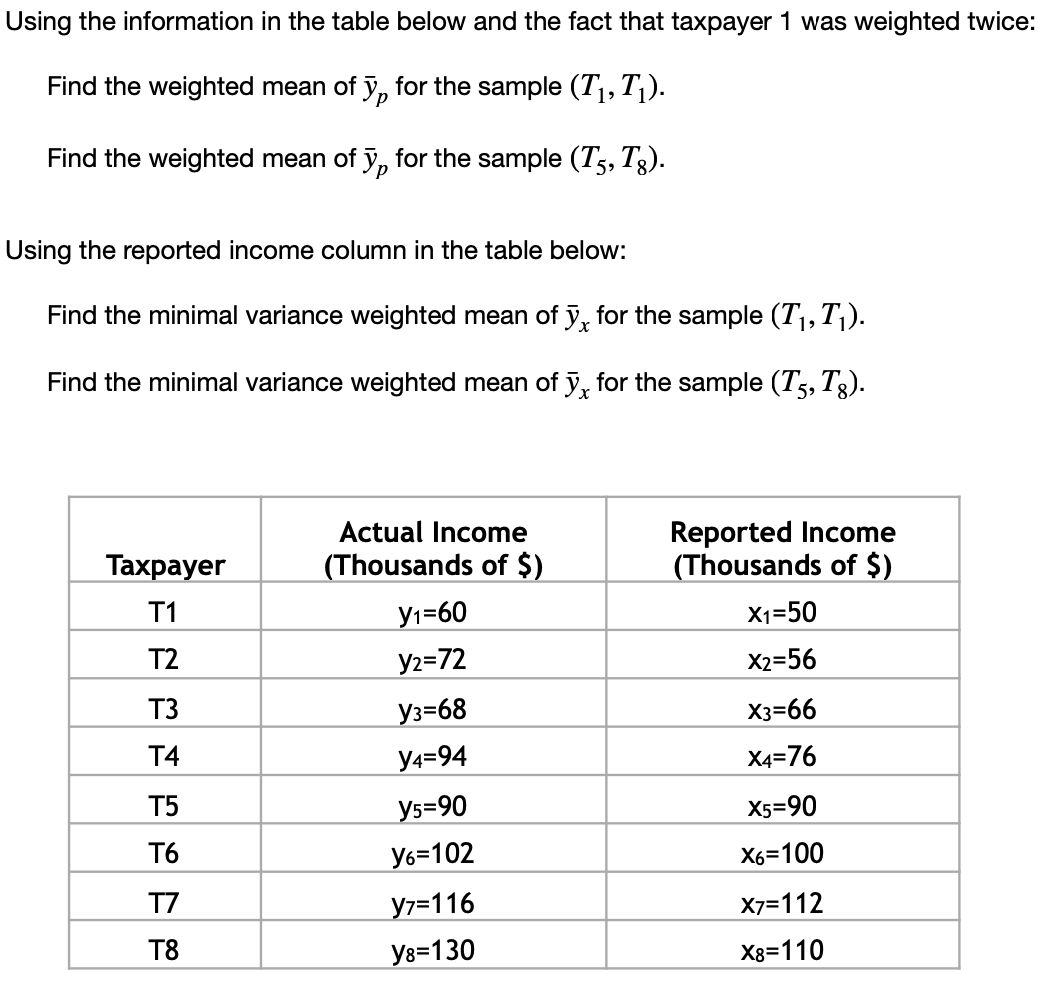 Using The Information In The Table Below And The Fact That Taxpayer 1 Was Weighted Twice Find The Weighted Mean Of Op F 1