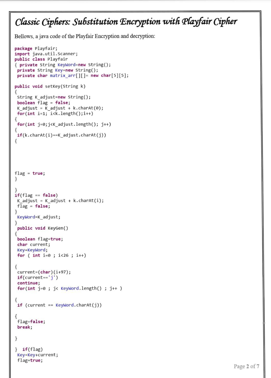 Course Name Information Security Classic Ciphers Substitution Encryption With Playfair Cipher Bellows A Java Code Of 1