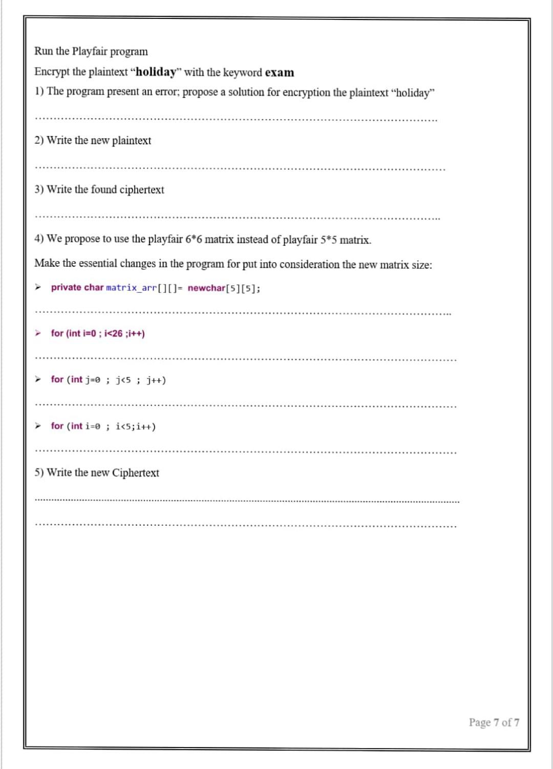 Course Name Information Security Classic Ciphers Substitution Encryption With Playfair Cipher Bellows A Java Code Of 6