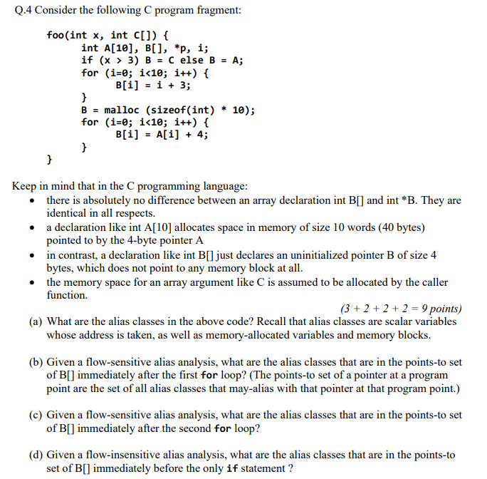 Q 4 Consider The Following Program Fragment Foo Int X Int Int A 10 B P I If X 3 B C Else B A Fo 1
