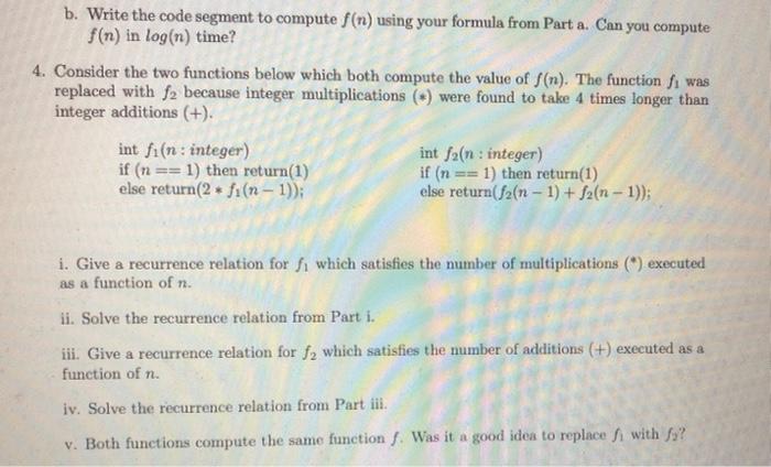 The Problem Below Was On The Midterm Examination Both Functions Fi N And Fa N Compute The Function F N A Instead O 3