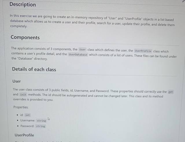 Description In This Exercise We Are Going To Create An In Memory Repository Of User And User Profile Objects In A Li 1