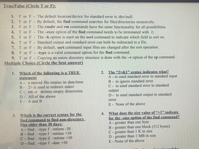 True False Circle Tor F 1 T Or F The Default Location Device For Standard Error Is Dev Null 2 T Or F By Defaul 1