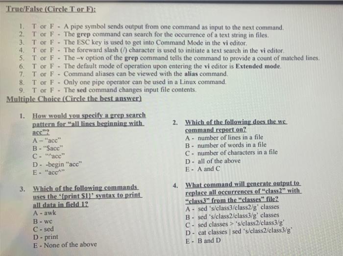 True False Circle Tor E 1 Tor F A Pipe Symbol Sends Output From One Command As Input To The Next Command 2 Tor F 1