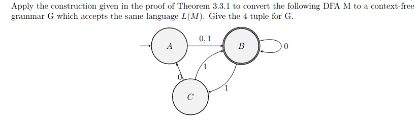 Apply The Construction Given In The Proof Of Theorem 3 3 1 To Convert The Following Dfa M To A Context Free Grammar G Wh 1