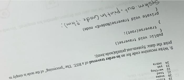 9 Write Recursive Code For An In Order Traversal Of A Bst The Processing Of The Node Is Simply To Print The Data Sy 1
