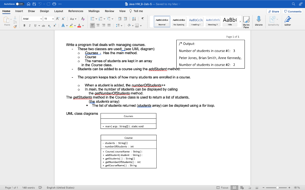 Autosave Off A Co Java Hw 9 2ab S Saved To My Mac Home Insert Draw Design Layout References Mailings Review View Tell 1