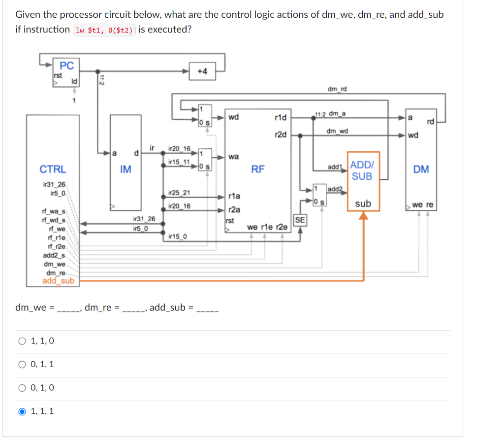 Given The Processor Circuit Below What Are The Control Logic Actions Of Dm We Dm Re And Add Sub If Instruction Lw T1 1