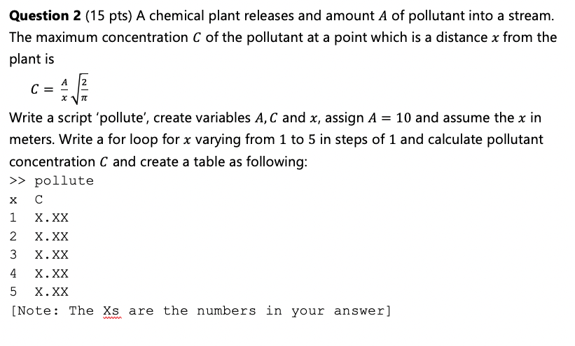 Question 2 15 Pts A Chemical Plant Releases And Amount A Of Pollutant Into A Stream The Maximum Concentration C Of Th 1