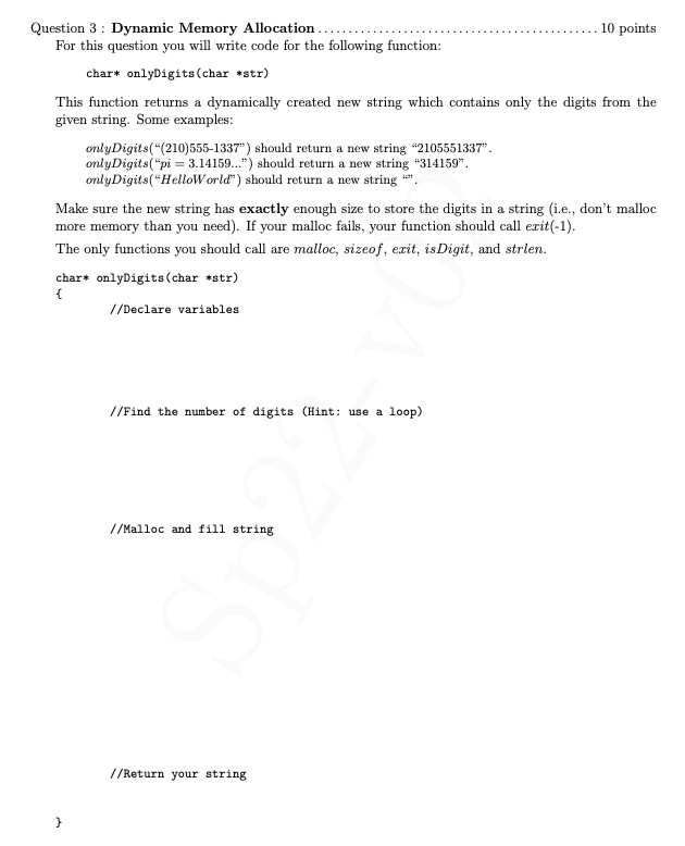 Question 3 Dynamic Memory Allocation 10 Points For This Question You Will Write Code For The Following Function C 1