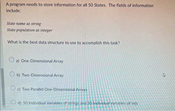 A Program Needs To Store Information For All 50 States The Fields Of Information Include State Name As String State Po 1