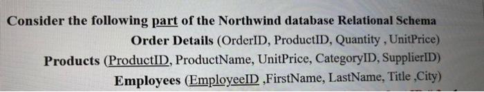 9 Consider The Following Part Of The Northwind Database Relational Schema Order Details Orderid Productid Quantity U 1