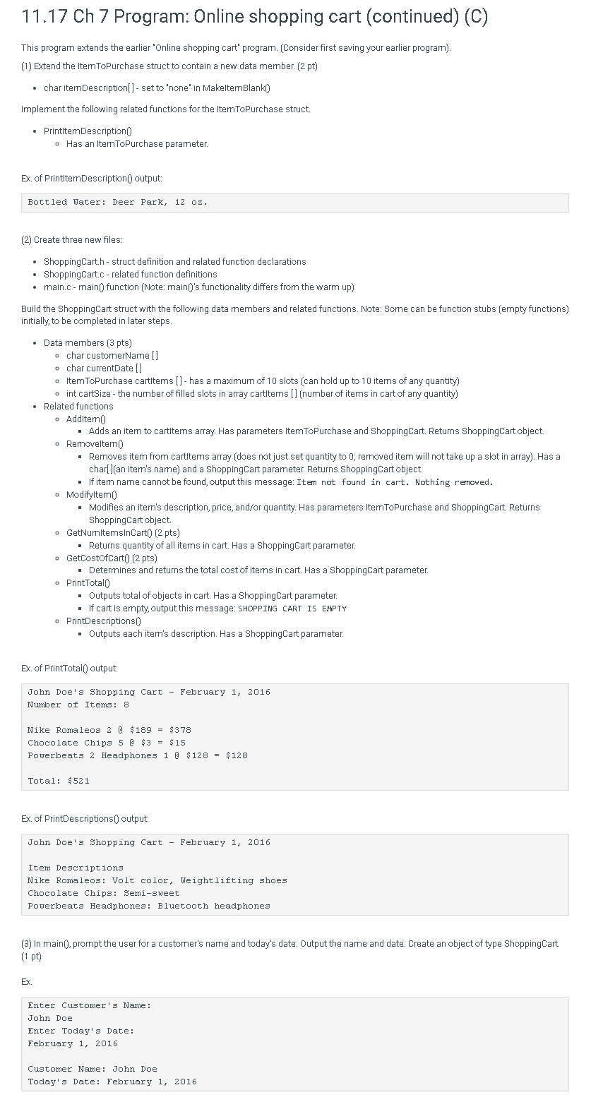 Create Online Shopping Cart Continued C Needs To Be In C Programming Do Not Use C Please Post Copy Code Orig 1