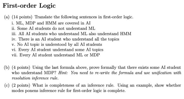 First Order Logic A 14 Points Translate The Following Sentences In First Order Logic I Ml Mdp And Hmm Are Covered 1