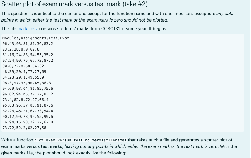 I Have The Task Scatter Plot Of Mark Versus Test Mark Take 2 I Am Unsure How To Write This Code 1