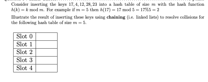 Consider Inserting The Keys 17 4 12 28 23 Into A Hash Table Of Size M With The Hash Function H K K Mod M For Exam 1