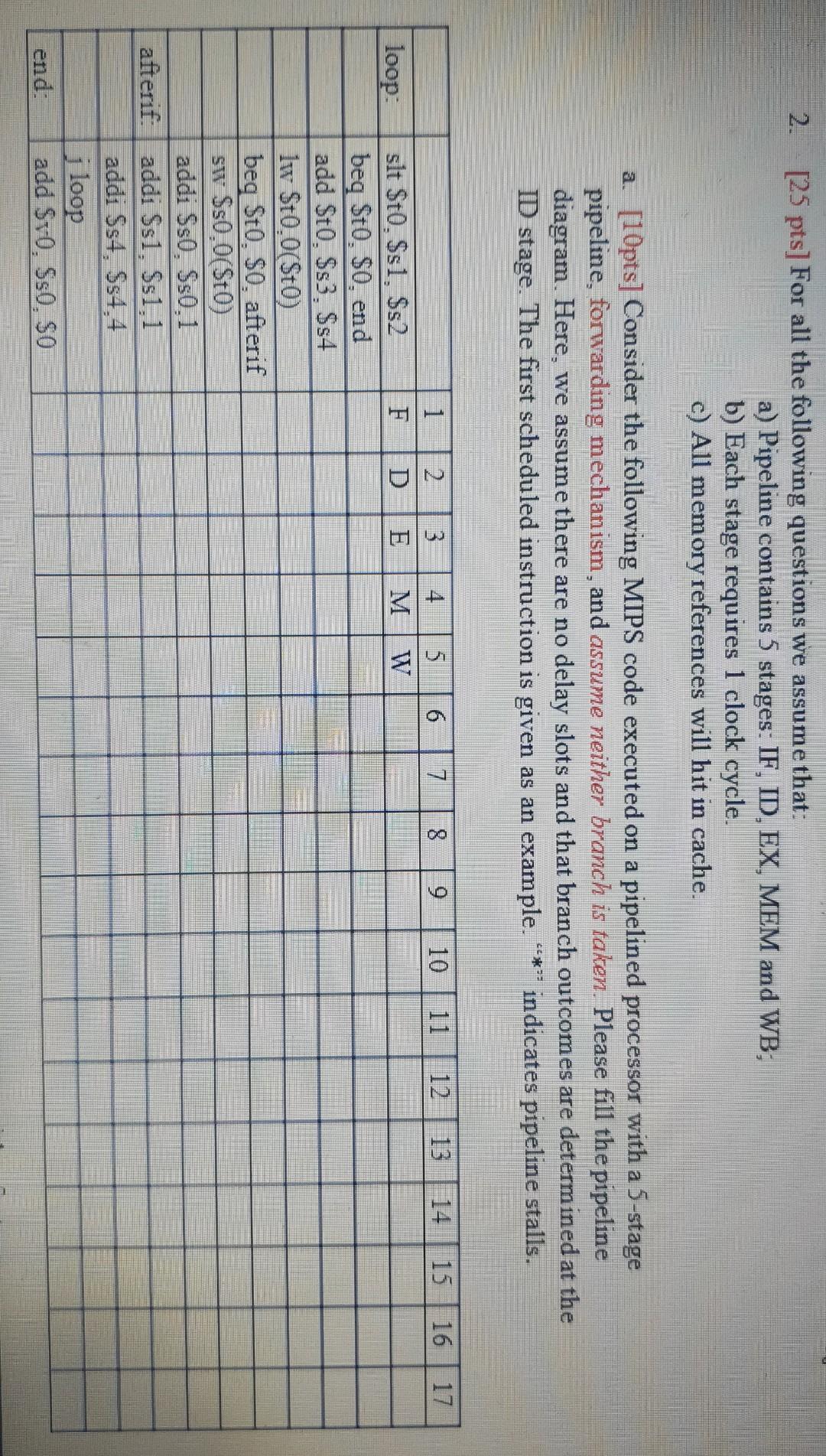 25 Pts For All The Following Questions We Assume That A Pipeline Contains 5 Stages If D Ex Mem And Wb B Each S 1