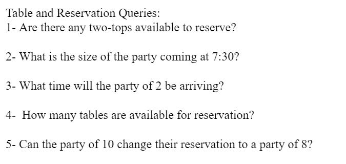 Table And Reservation Queries 1 Are There Any Two Tops Available To Reserve 2 What Is The Size Of The Party Coming A 1