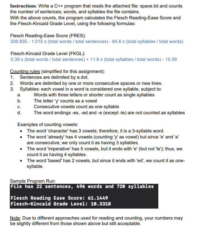 Instructions Write A C Program That Reads The Attached File Space Txt And Counts The Number Of Sentences Words And 1