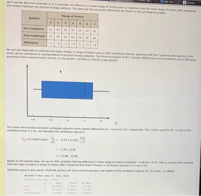 Mail Let S Use The Data From Example 11 5 To Estimate The Difference In Mean Range Of Motion Prior To Treatment And The 1