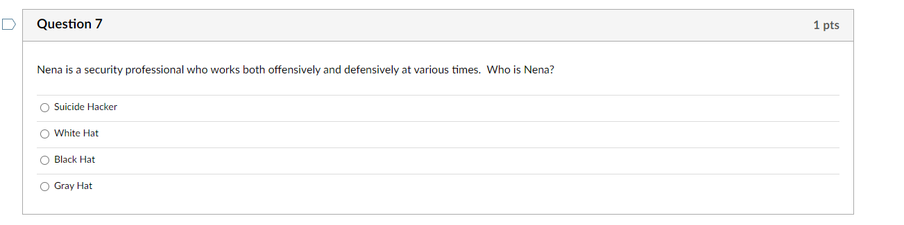 Question 7 1 Pts Nena Is A Security Professional Who Works Both Offensively And Defensively At Various Times Who Is Nen 1