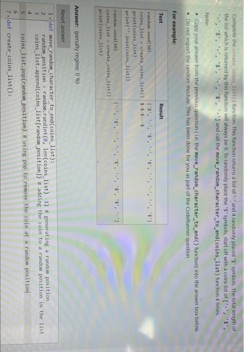 Complete The Create Coins List Function This Function Returns A List Of And 4 Randomly Placed S Symbols The Total Le 1