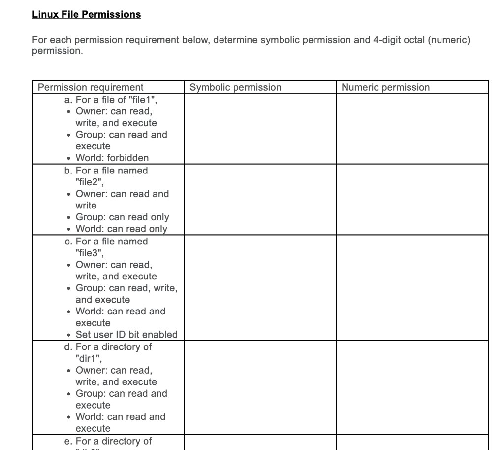 Linux File Permissions For Each Permission Requirement Below Determine Symbolic Permission And 4 Digit Octal Numeric 1
