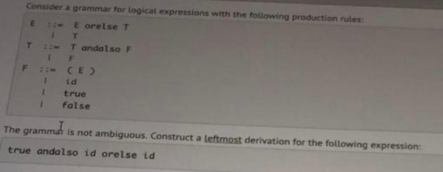 Consider A Grammar For Logical Expressions With The Following Production Rules E Eorelse T T Tandalso F 1 F F E 1