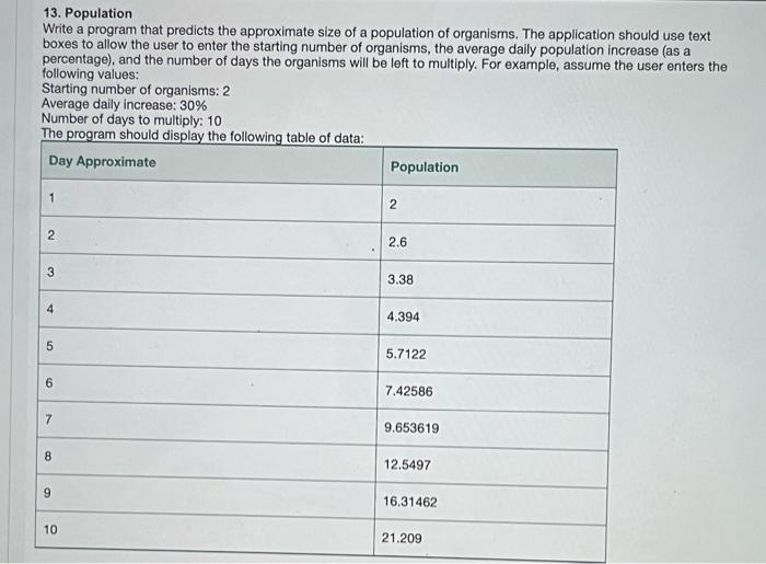 13 Population Write A Program That Predicts The Approximate Size Of A Population Of Organisms The Application Should U 1