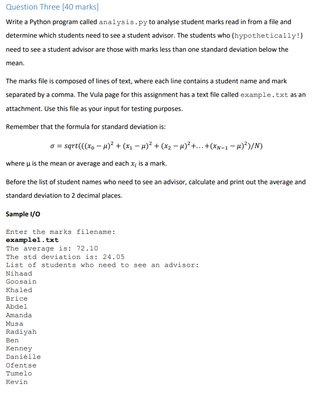 Question Three 40 Marks Write A Python Program Called Analysis Py To Analyse Student Marks Read In From A File And Det 1