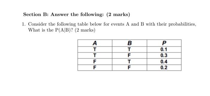 Section B Answer The Following 2 Marks 1 Consider The Following Table Below For Events A And B With Their Probabili 1