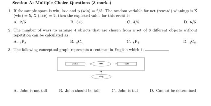 Section A Multiple Choice Questions 3 Marks 1 If The Sample Space Is Win Lose And P Win 2 5 The Random Variabl 1